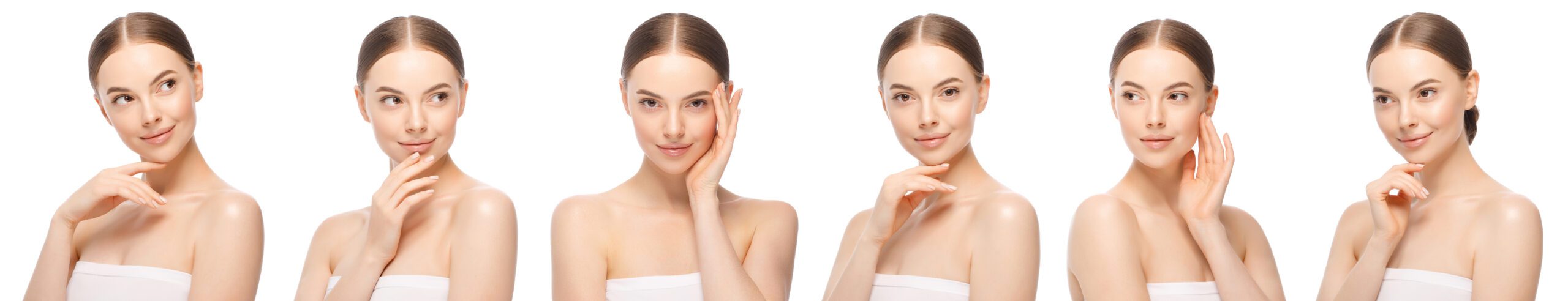 Collection,Of,5,Woman,Beauty,Portraits,,Touching,Face,With,One